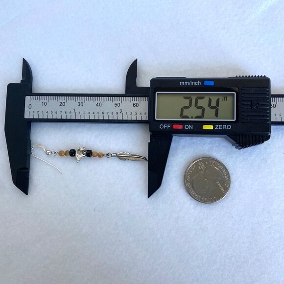 Sterling Silver 925 Mother Of Pearl & Onyx Beaded Bear Feather Dangle Earrings - Picture 11 of 13